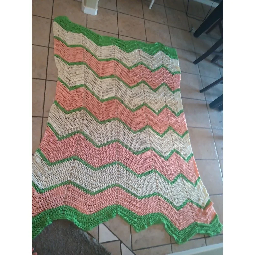 Vintage Hand Knit Chevron Pattern Afghan Throw Blanket 72 X 45 Pink Green White